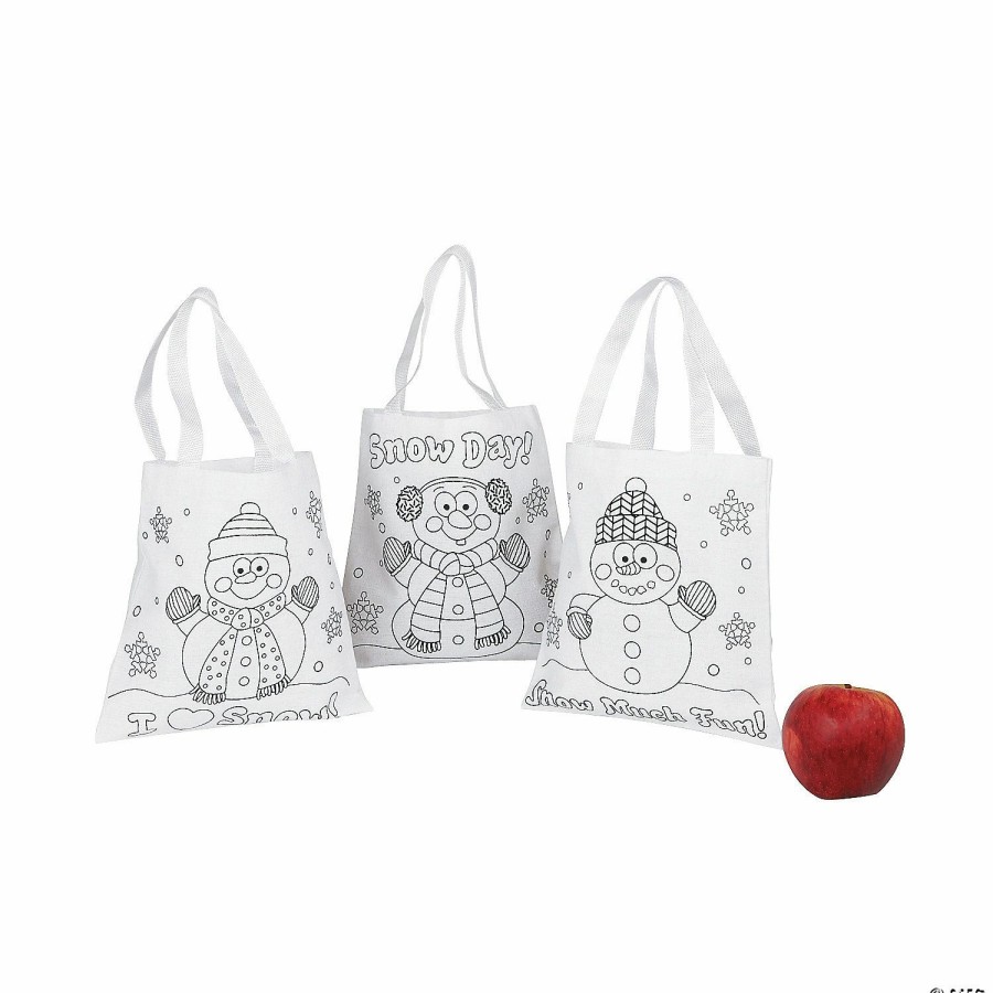 Crafts For Kids * | Outlet Color Your Own Mini Snowman Canvas Tote Bags 12 Pc.