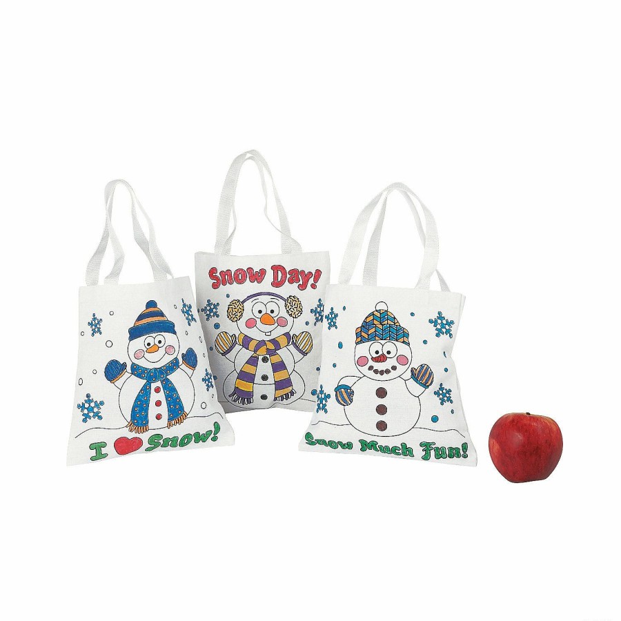 Crafts For Kids * | Outlet Color Your Own Mini Snowman Canvas Tote Bags 12 Pc.